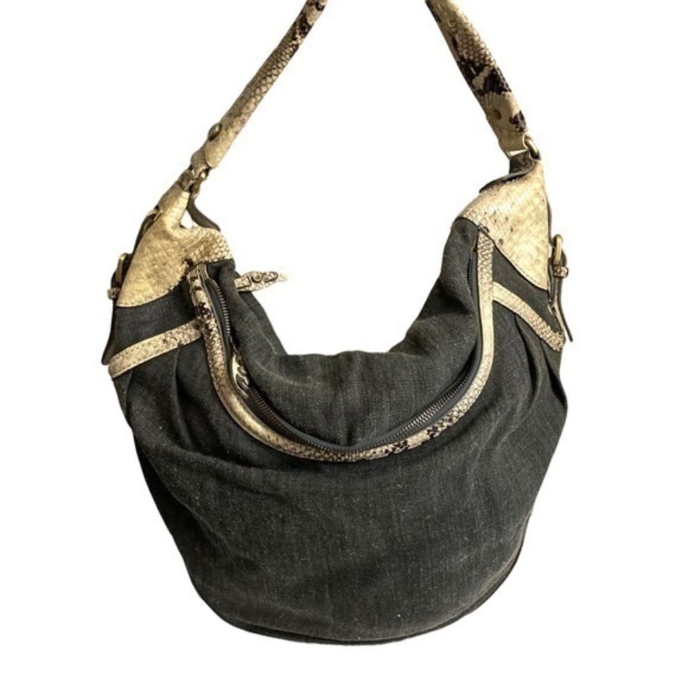 Theory canvas and snakeskin embossed leather hobo bag